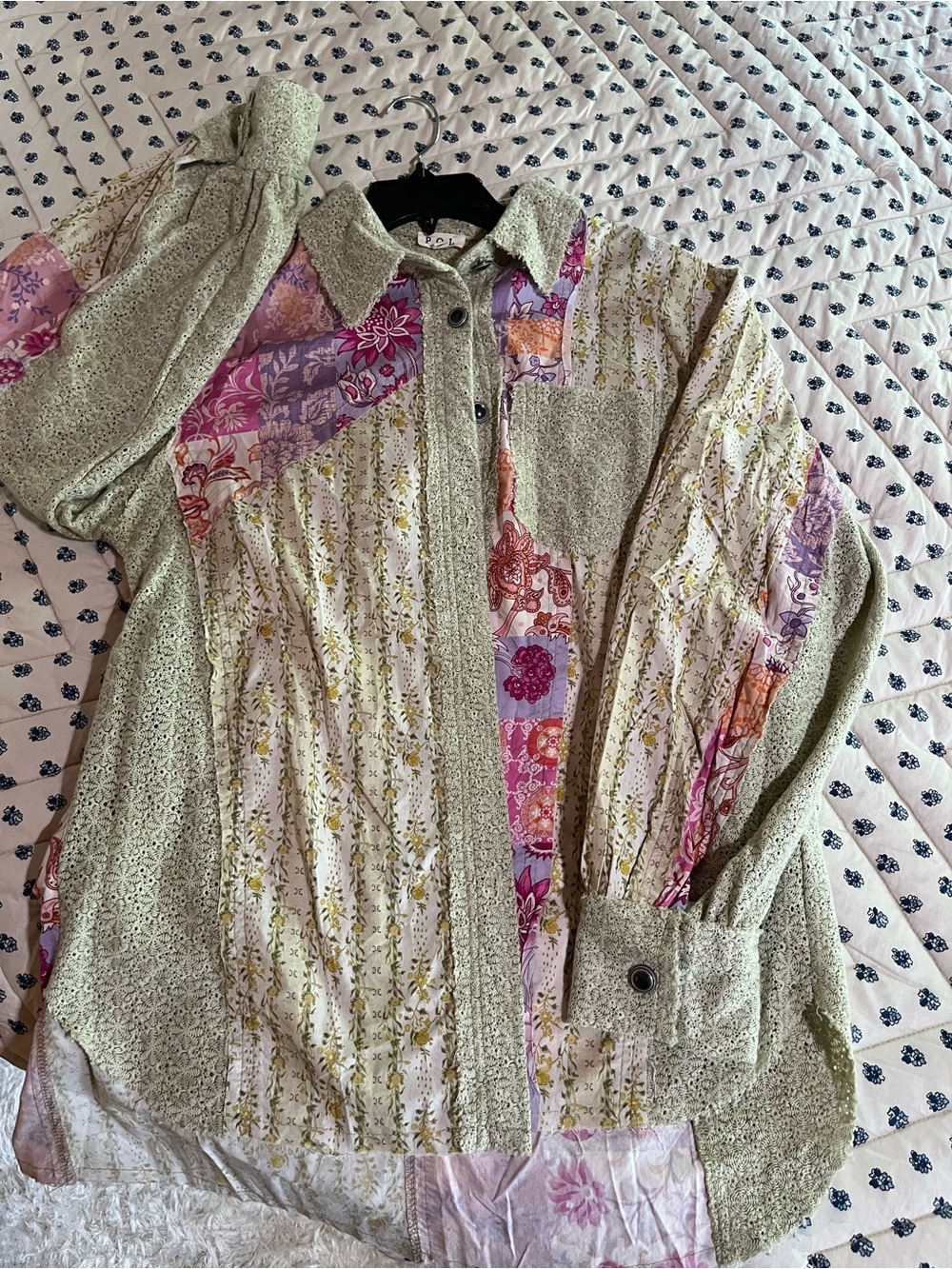 POL Sage Green Crochet Button-Up Jacket with Pastel Accents